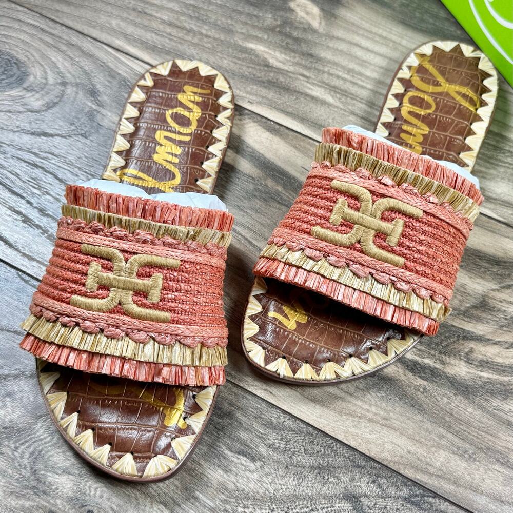 NIB Sam Edelman Georgia 7M Orange Raffia Flat Slide Sandals Resort Beach - Picture 1 of 12